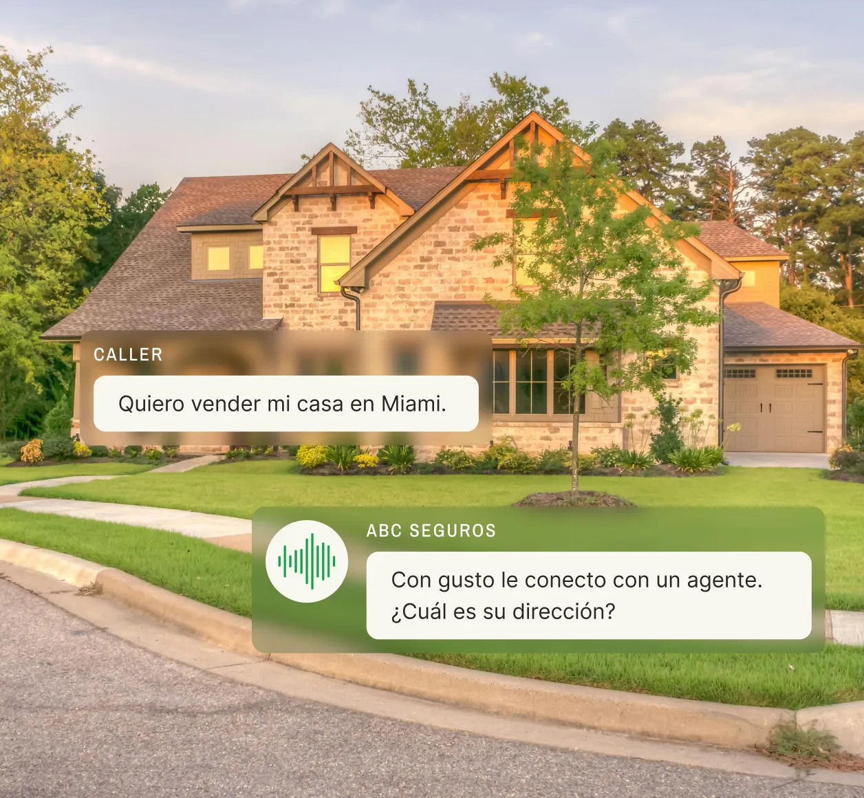 Bilingual virtual receptionist handling Spanish real estate inquiry for Miami home sale, showing luxury stone house exterior
