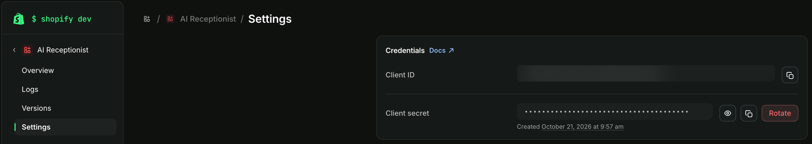 Shopify Dev Dashboard app Settings showing the Client ID and Client secret fields