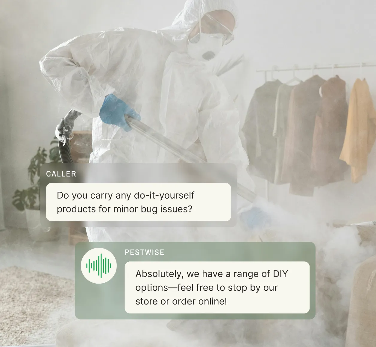 An after-hours pest control answering service assisting a customer with DIY products for minor bug issues, highlighting the convenience of store and online options.