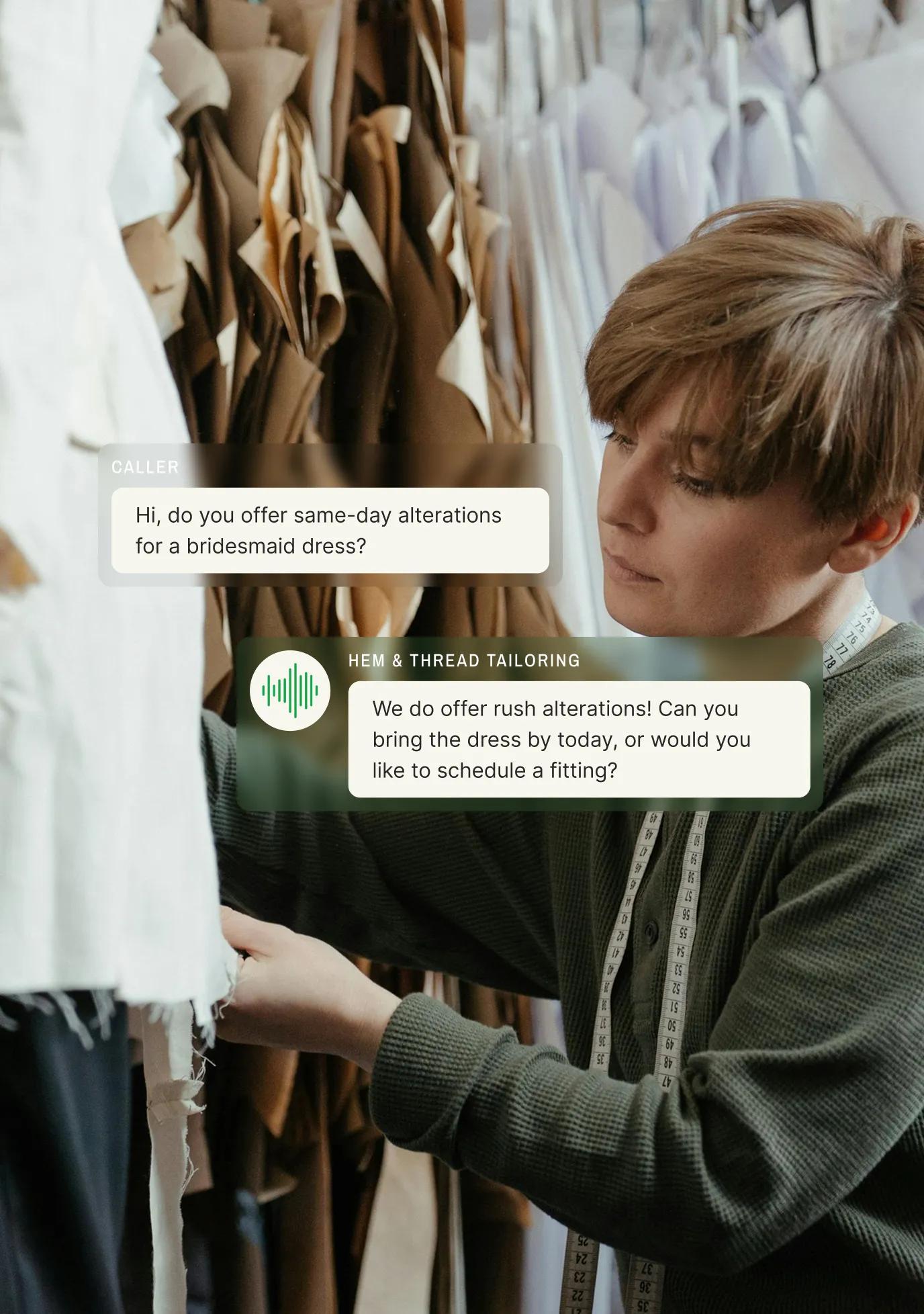 A tailor shop call answering service feature image shows a caller asking about same‑day bridesmaid dress alterations and the agent offering rush service and fitting options.