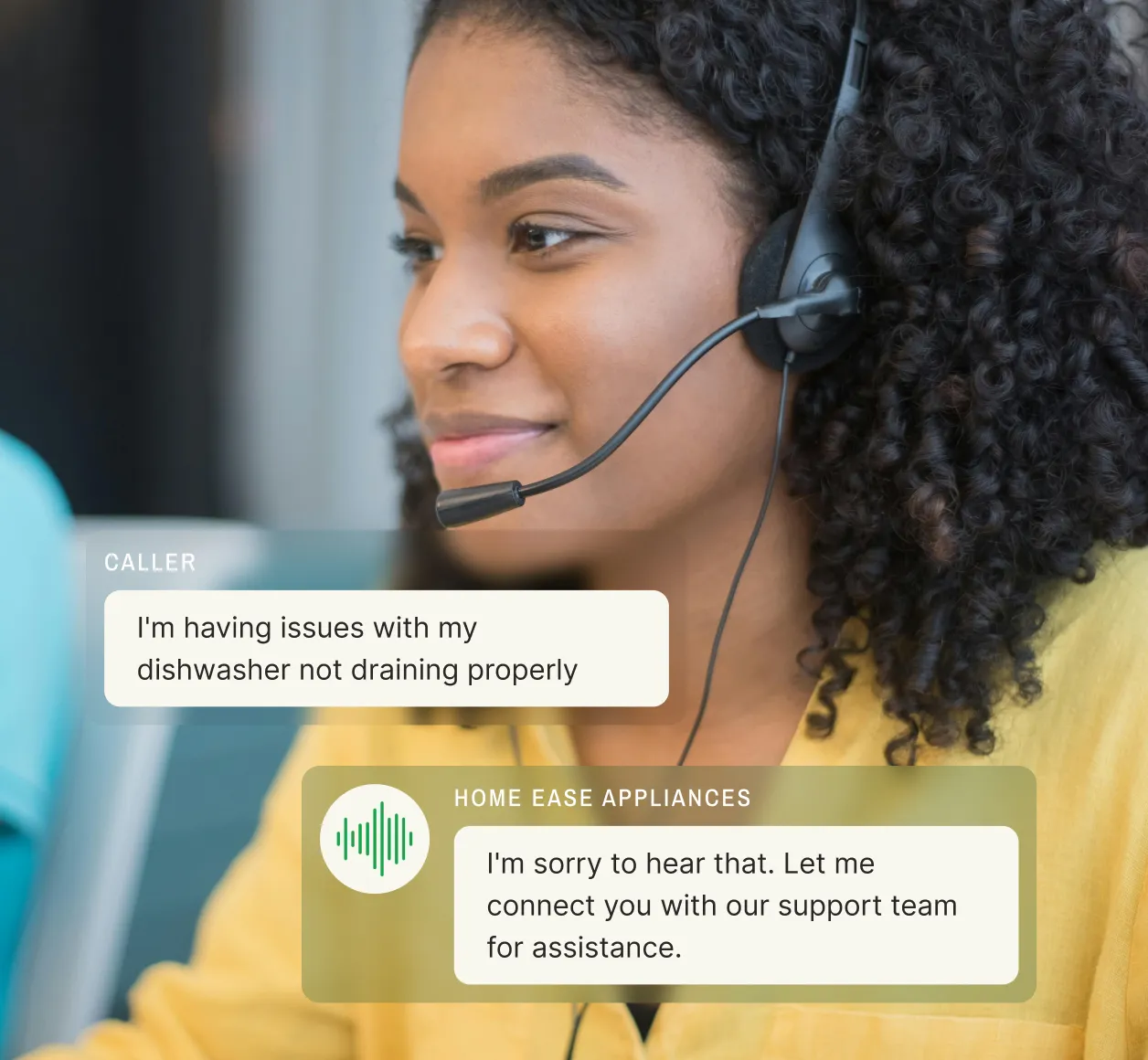A support agent helping a customer with dishwasher issues using an inbound answering service for appliance companies.