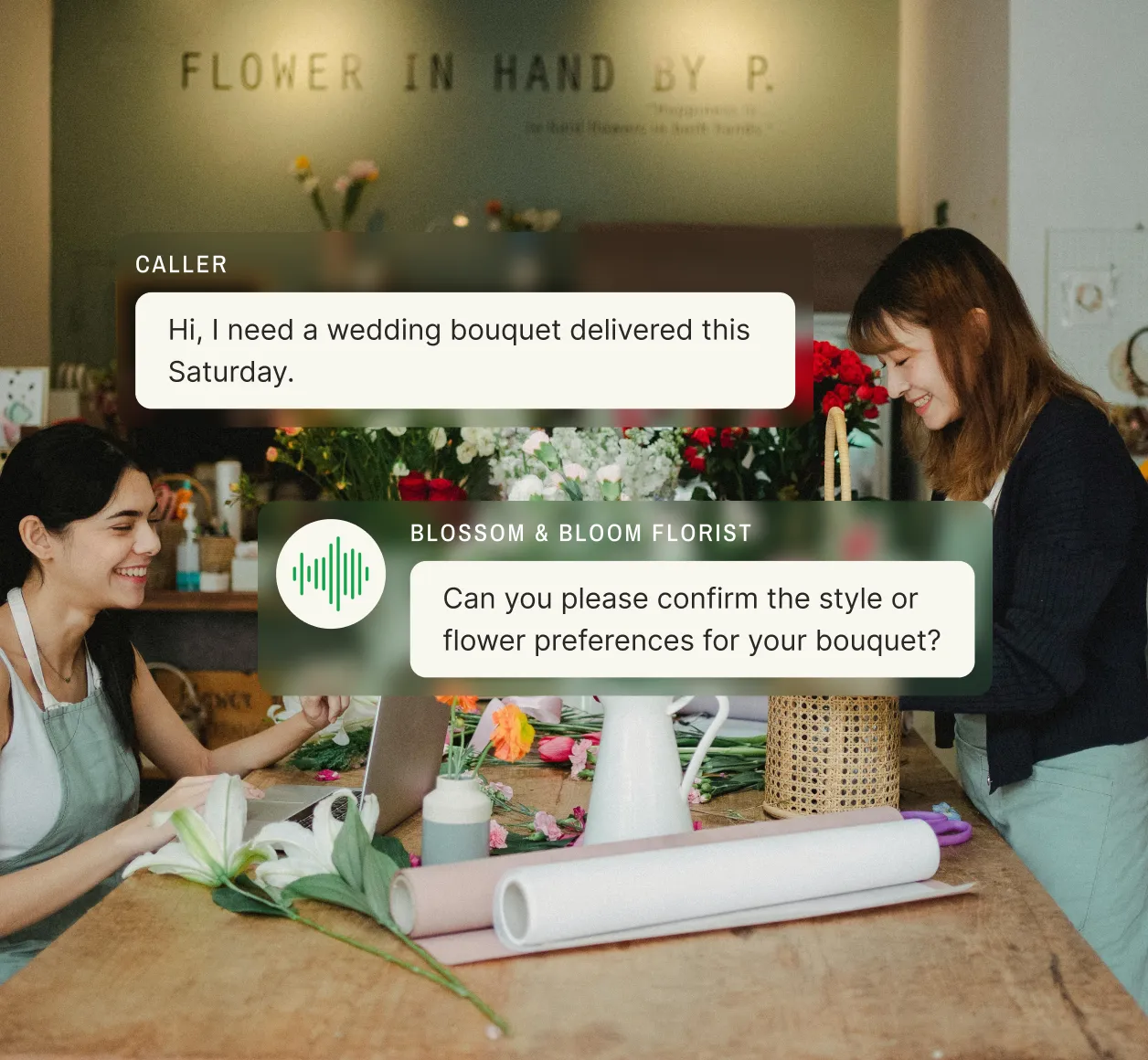 A temporary answering service takes an order for a wedding bouquet and requests style preferences for confirmation.