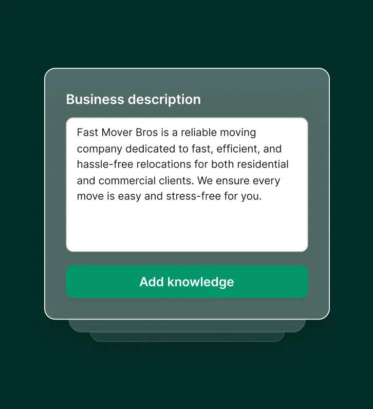 A business description is being added to an answering service for movers platform.