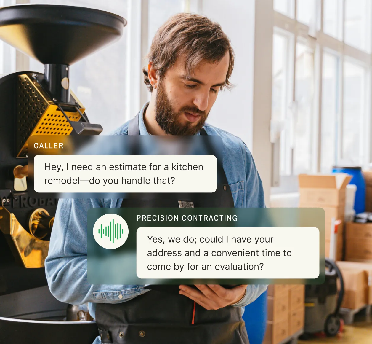 A customer service agent assists a caller requesting a kitchen remodel estimate in a call center for small business.