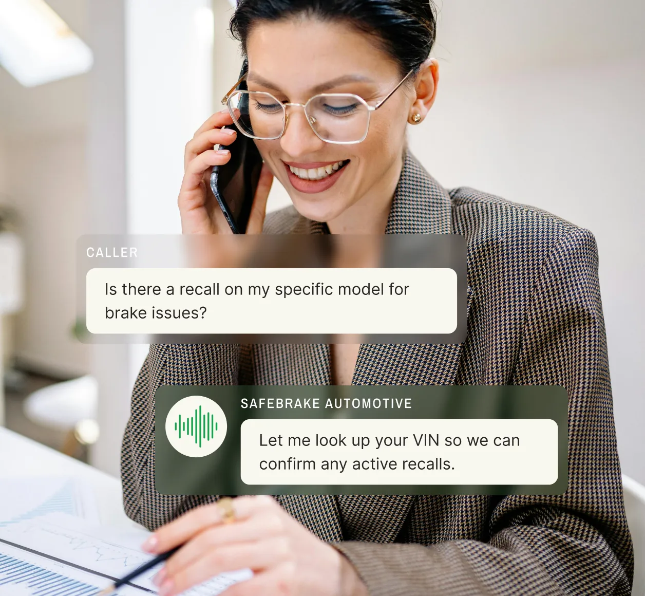 A customer asks about a brake recall, and an automotive call center agent offers to check their VIN for active recalls.