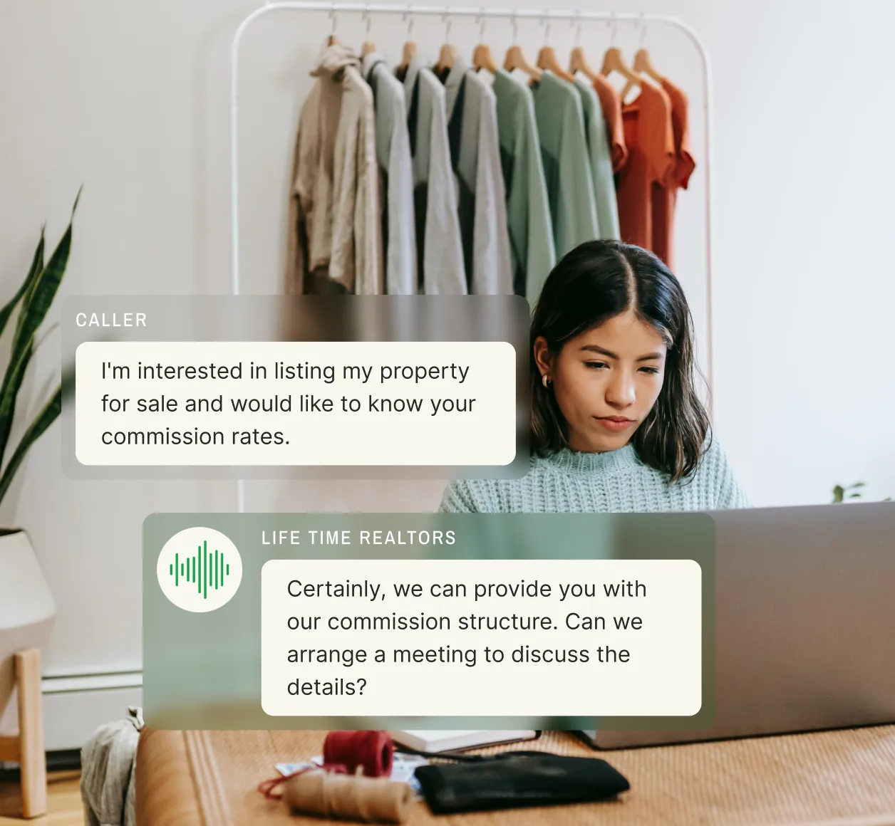 Property owner inquiring about commission rates to list their property, assisted by a virtual receptionist for real estate services.