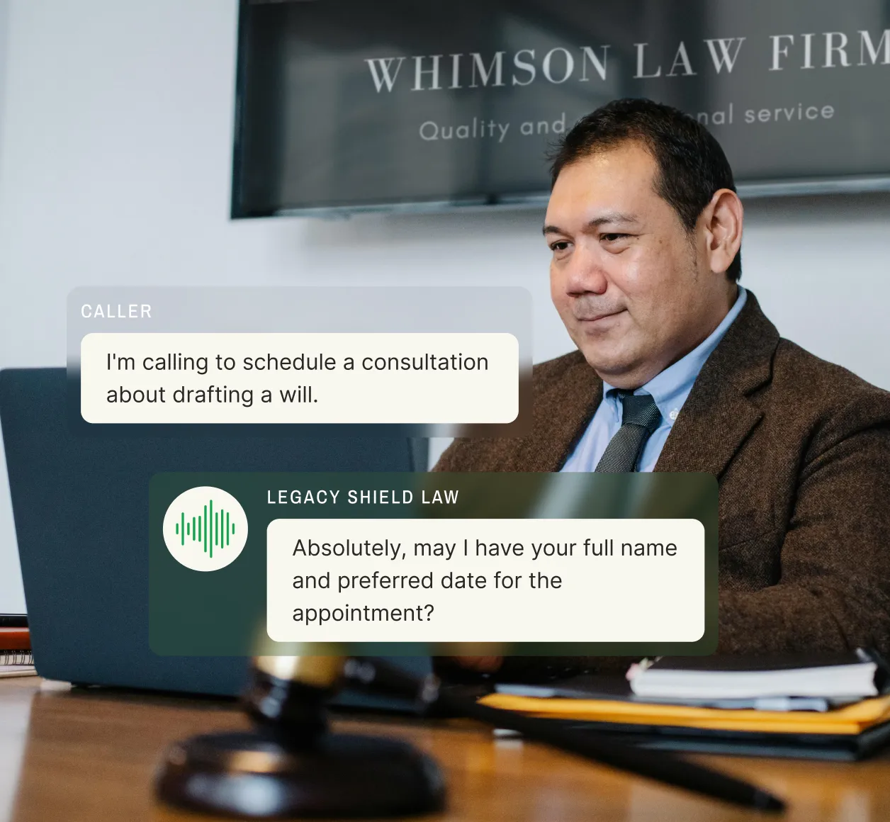 A call routing service automates scheduling for a legal consultation.