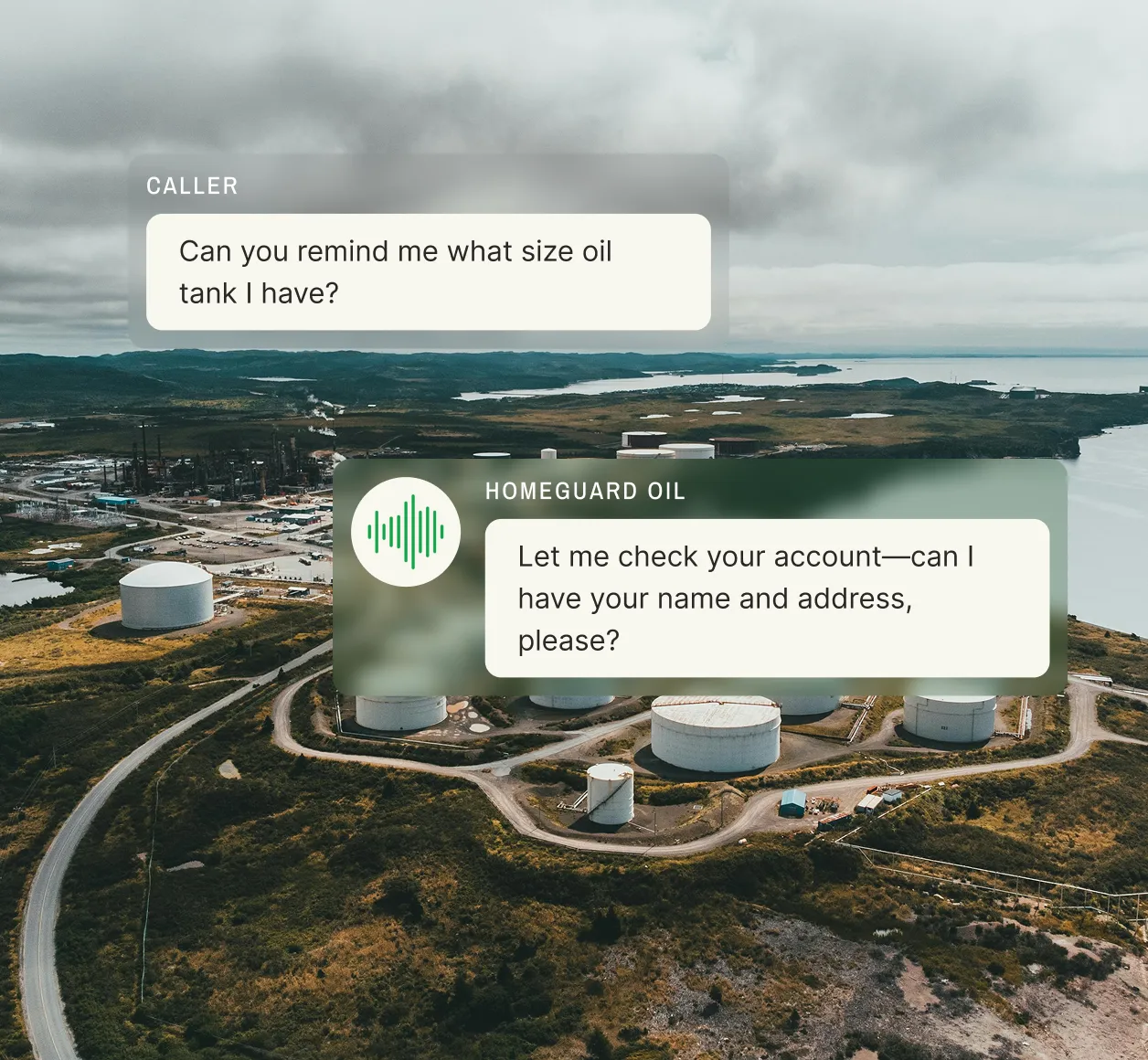 Chat in a propane delivery answering service verifies a customer's tank size by requesting their name and address in the message boxes.