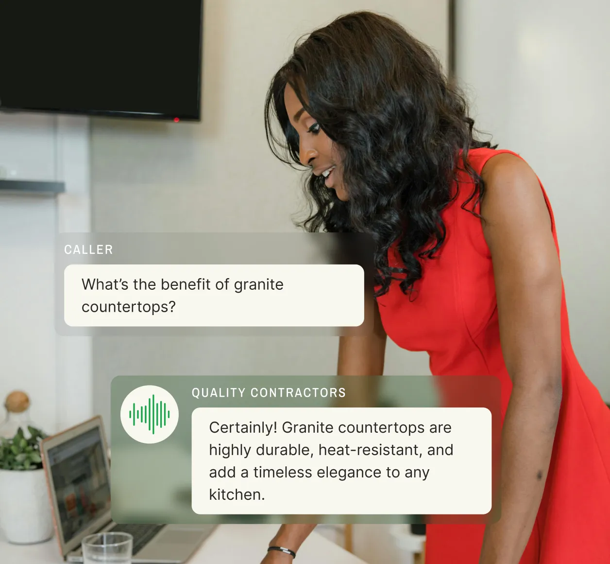 Personal answering service explaining the benefits of granite countertops for a construction company, showing a professional woman in a red dress working in a modern office.