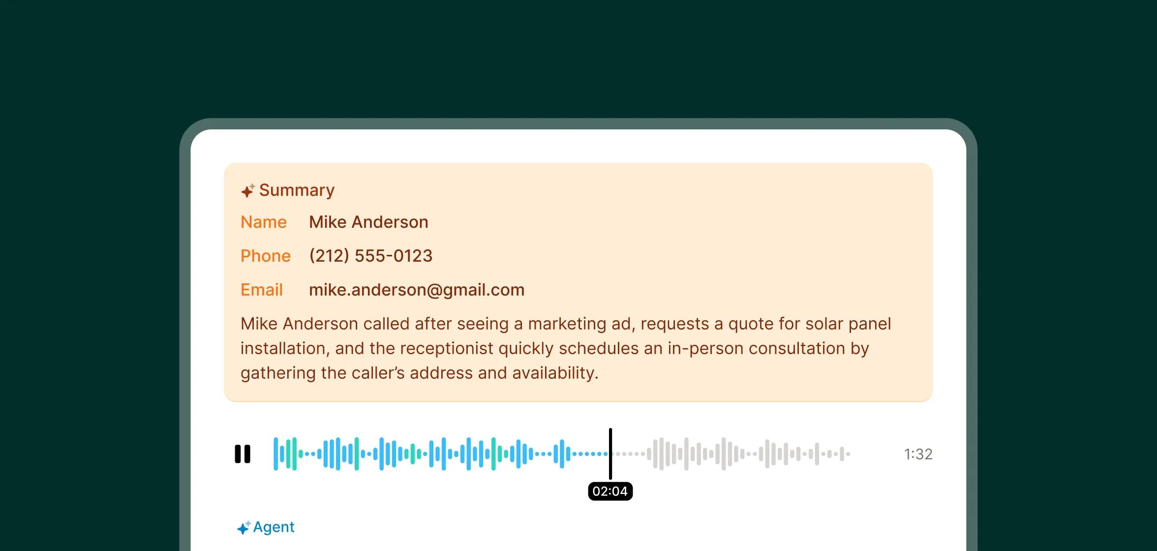 Call summary view showing caller details and transcript from a direct response call center software.