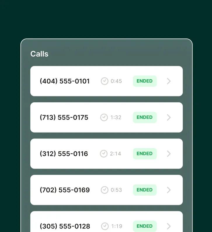 A call log view in an insurance answering service listing phone numbers, call durations, and “Ended” statuses.