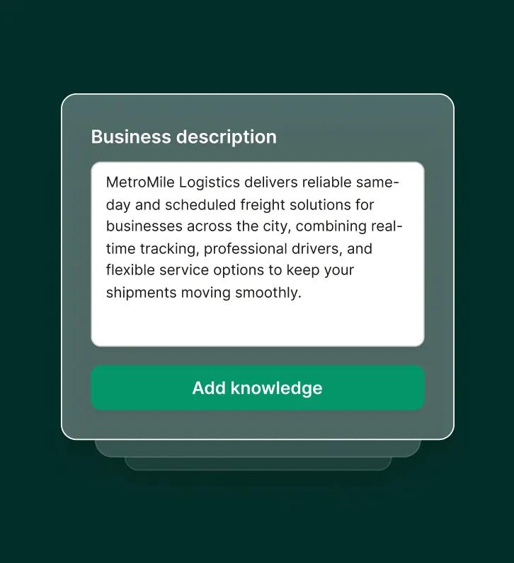 A business description form is shown being filled with logistics details inside a transportation answering service dashboard.