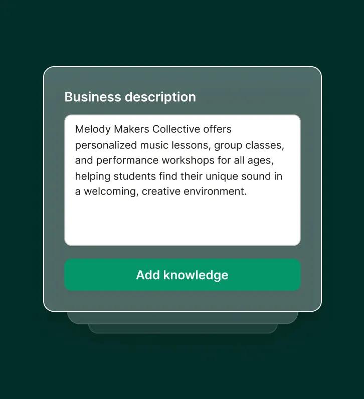A dashboard displays a business description for a music studio being added to a music teacher answering service.