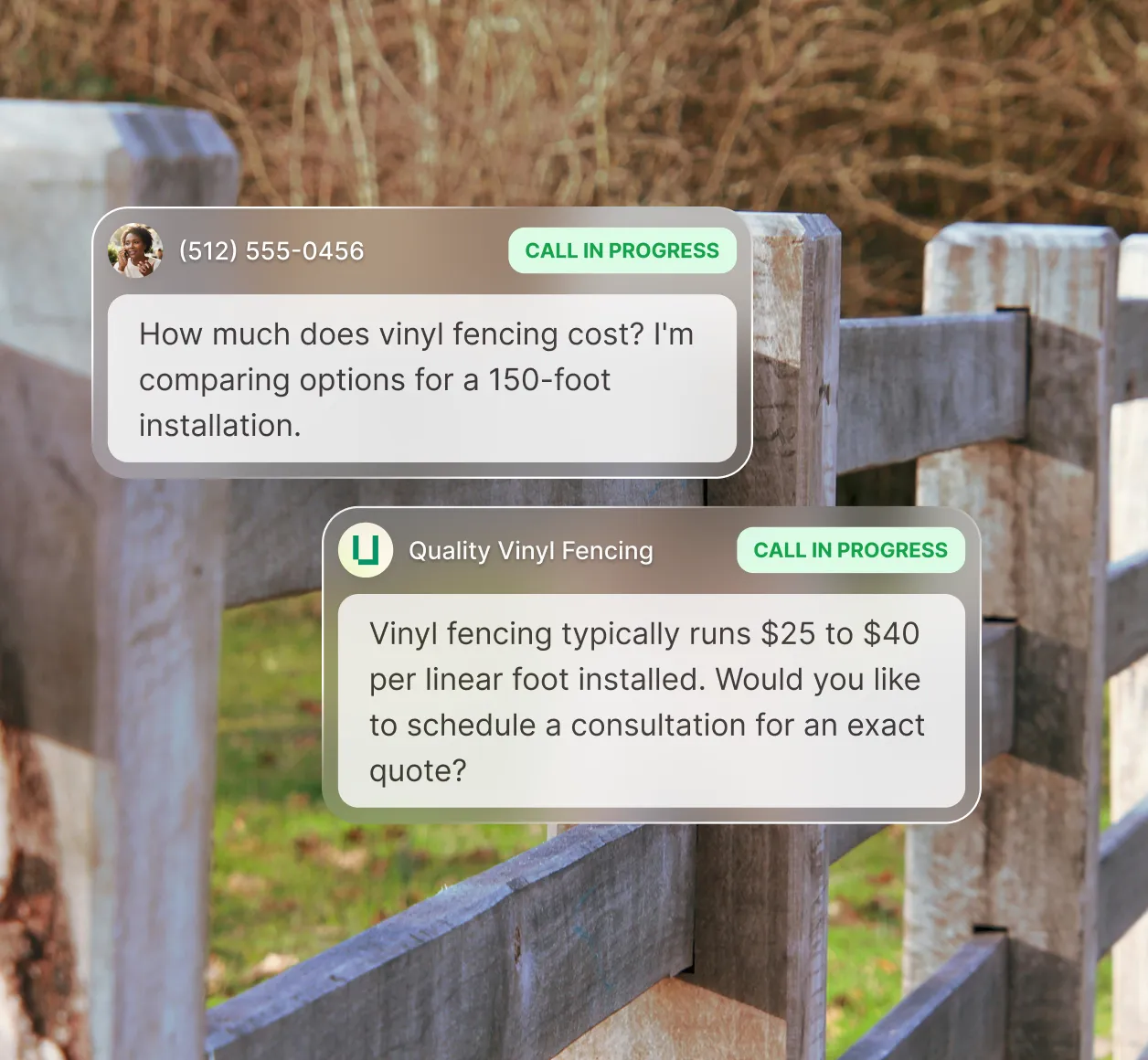 A photo of a fence in a backyard while an answering service for fencing companies answers a question from a caller about vinyl fencing costs.