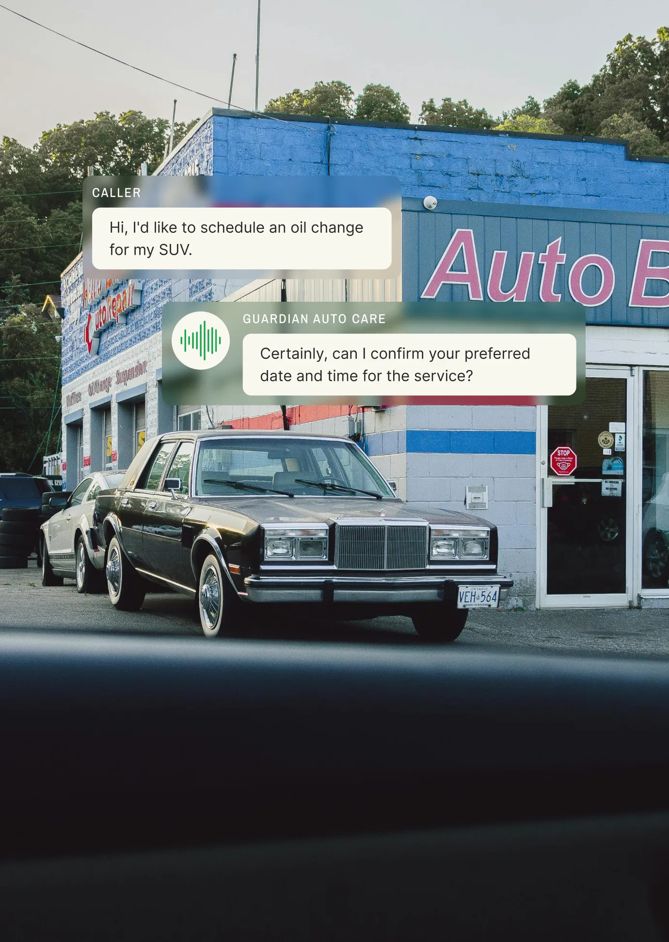 A caller requests an oil change appointment, and an automotive answering service confirms the preferred date and time.