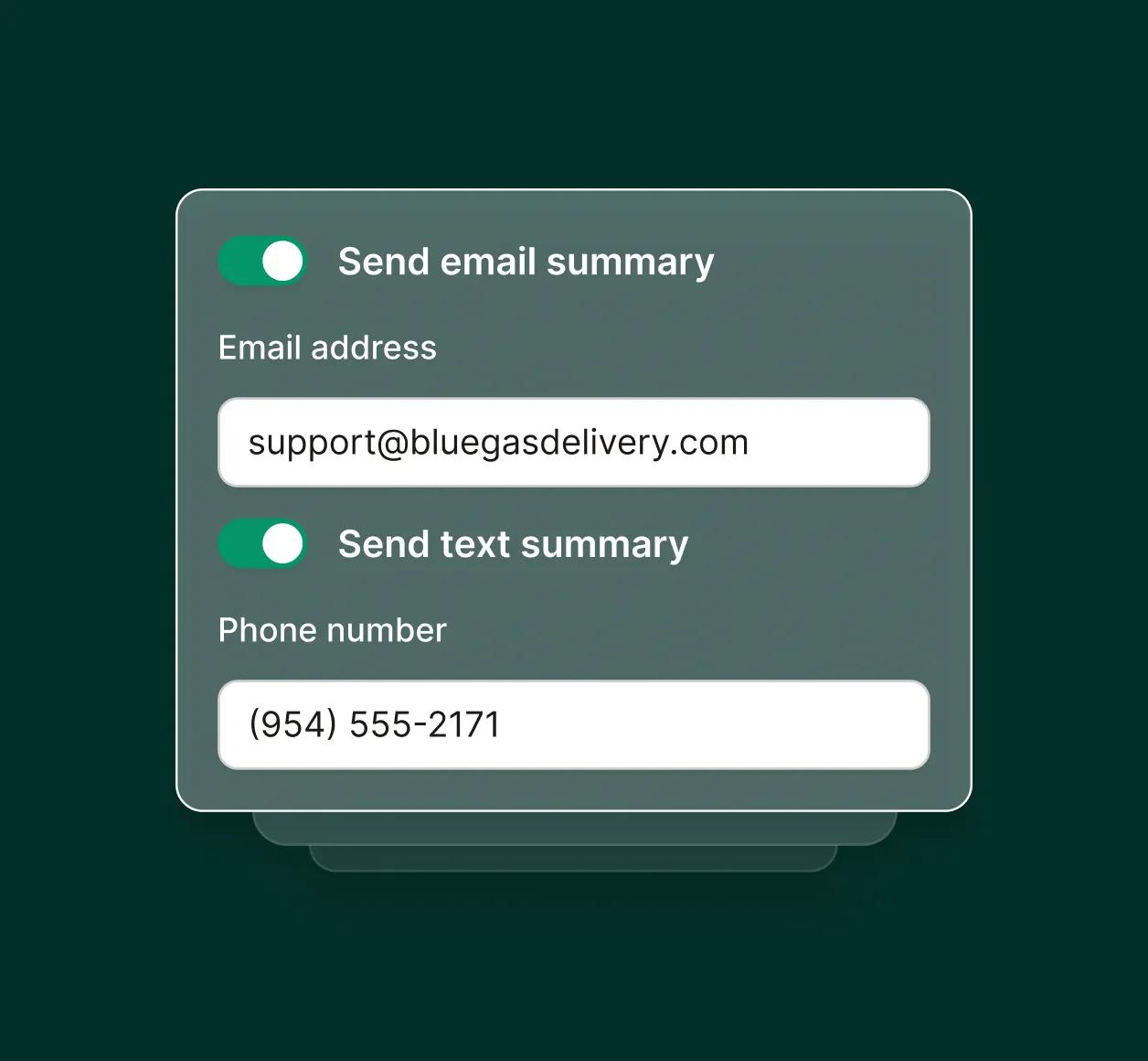 Interface in a propane answering service to send email or text summaries with fields for email address and phone number.