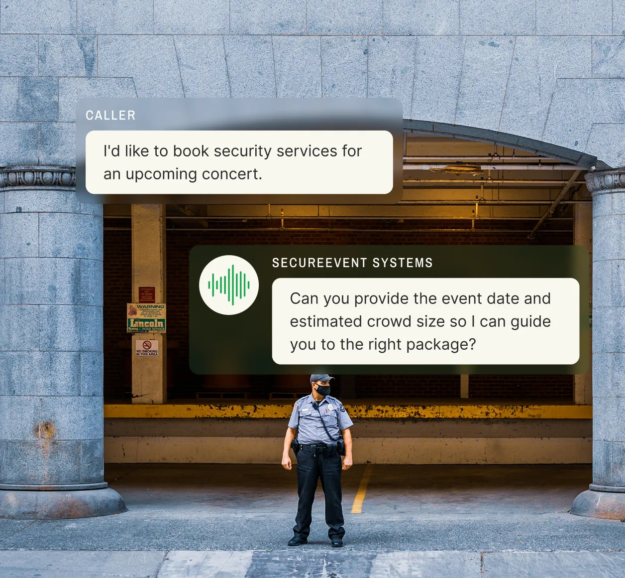 A uniformed guard stands by an urban archway as a caller inquires about concert security, showcasing a security answering service."