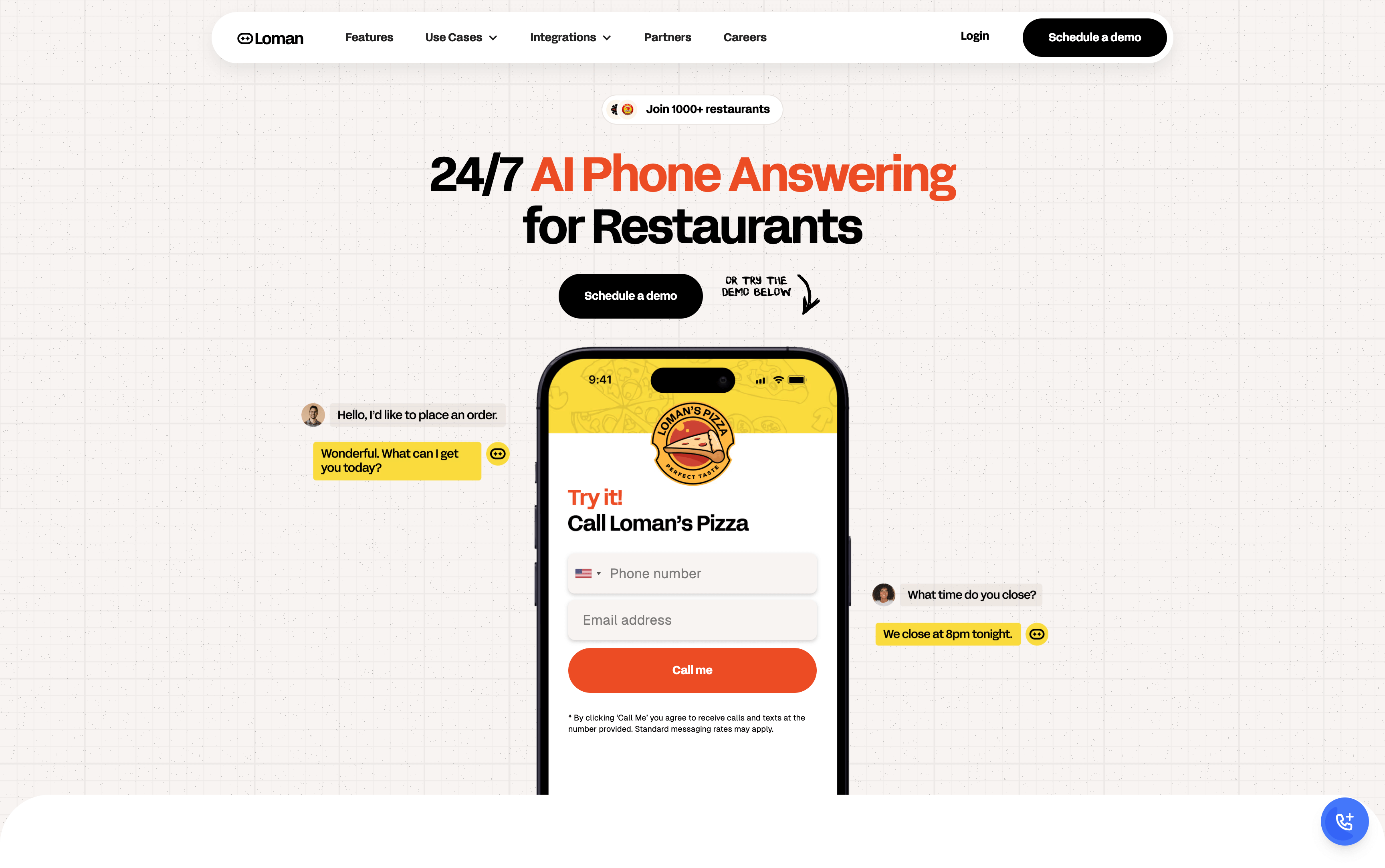Screenshot of Loman.ai answering service website
