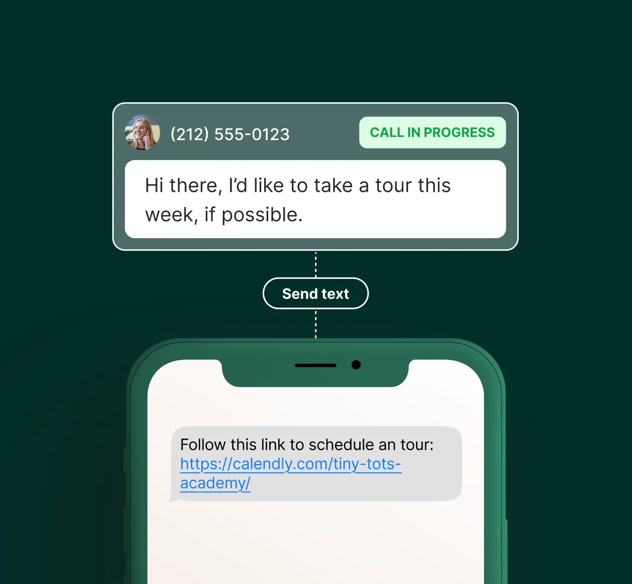 A daycare answering service sends a scheduling link via text in response to a parent requesting a tour.