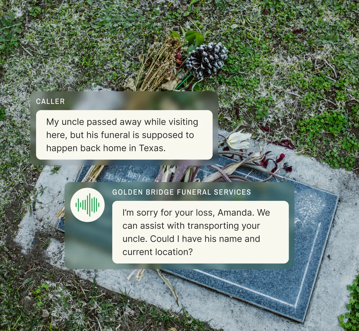 A grieving caller discusses transporting a loved one who passed away while traveling, and the funeral answering service representative responds with condolences and assistance in arranging transport.