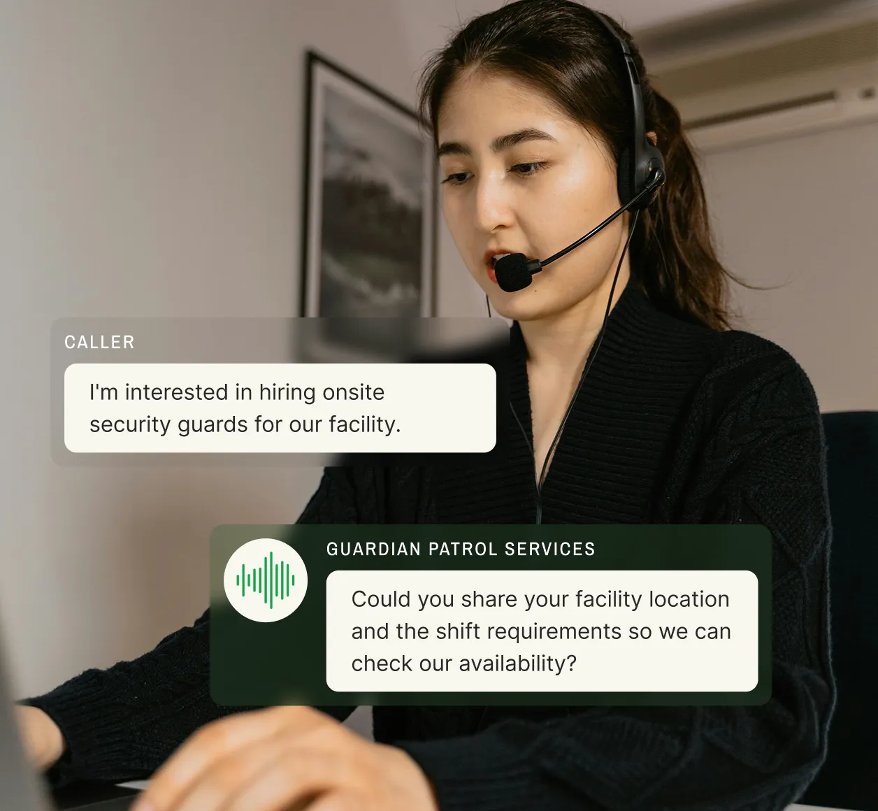 A headset-wearing agent listens to a caller seeking onsite guards, exemplifying a call answering service for security agencies."