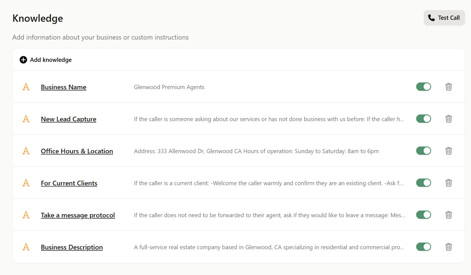 A list of custom business instructions in the AI setup panel used to train the AI receptionist for how to automate phone calls with AI and Zapier.