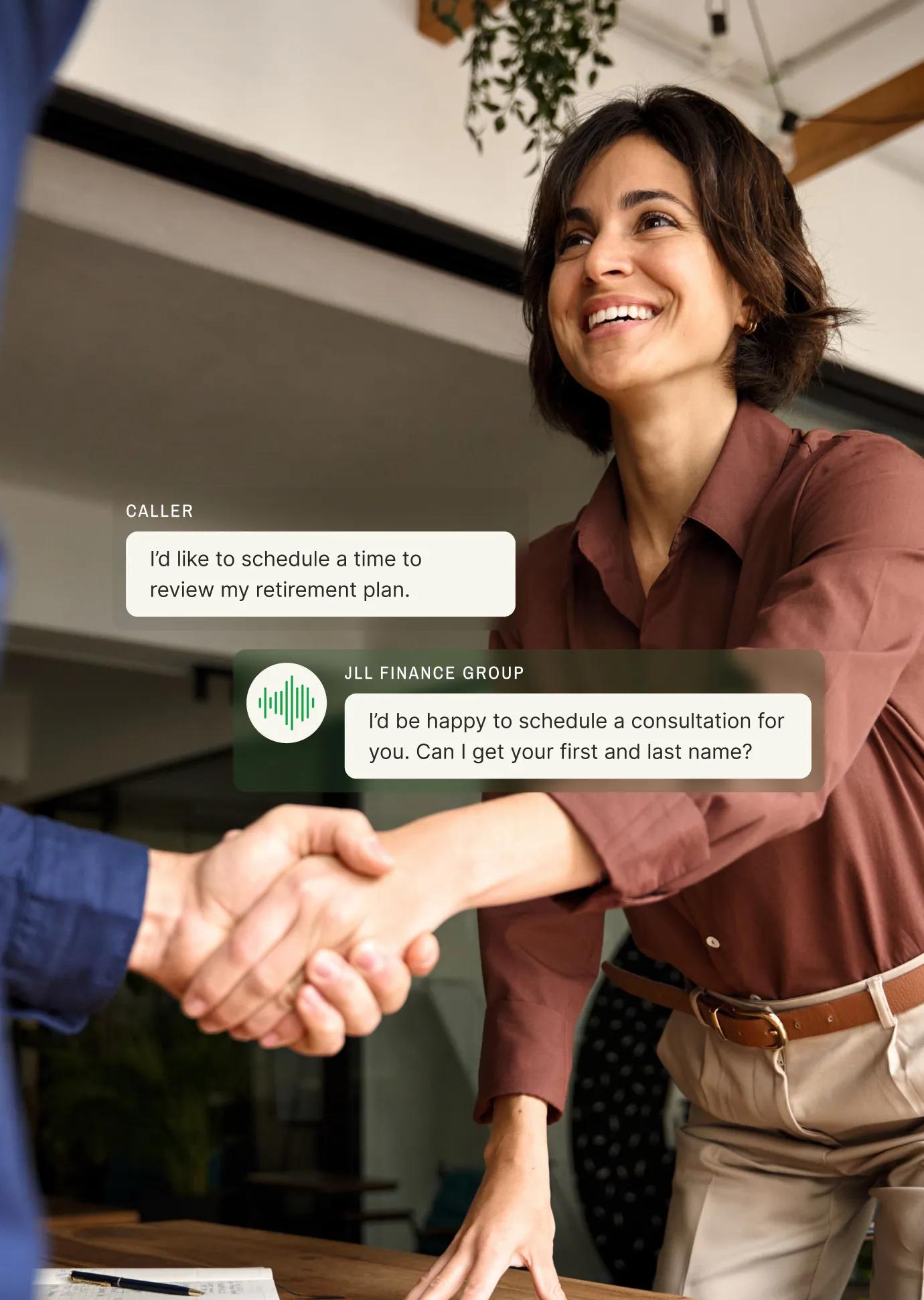 Financial advisor's answering service scheduling retirement consultation, showing professional handshake with client