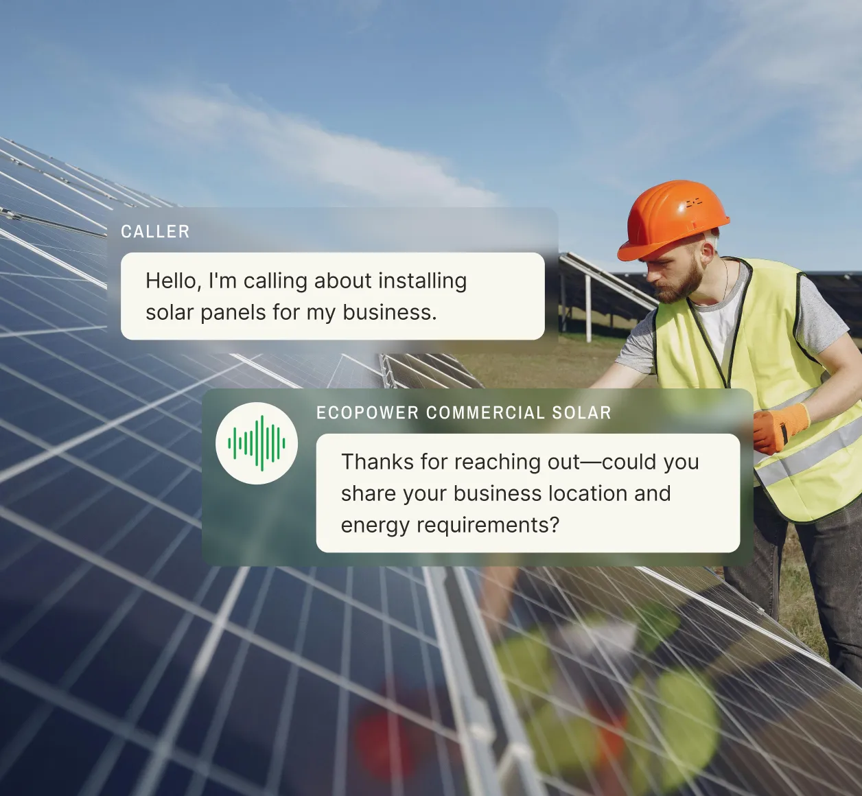 A worker installing solar panels in a field, accompanied by a text conversation where a business owner inquires about commercial solar panel installation with a solar energy answering service.