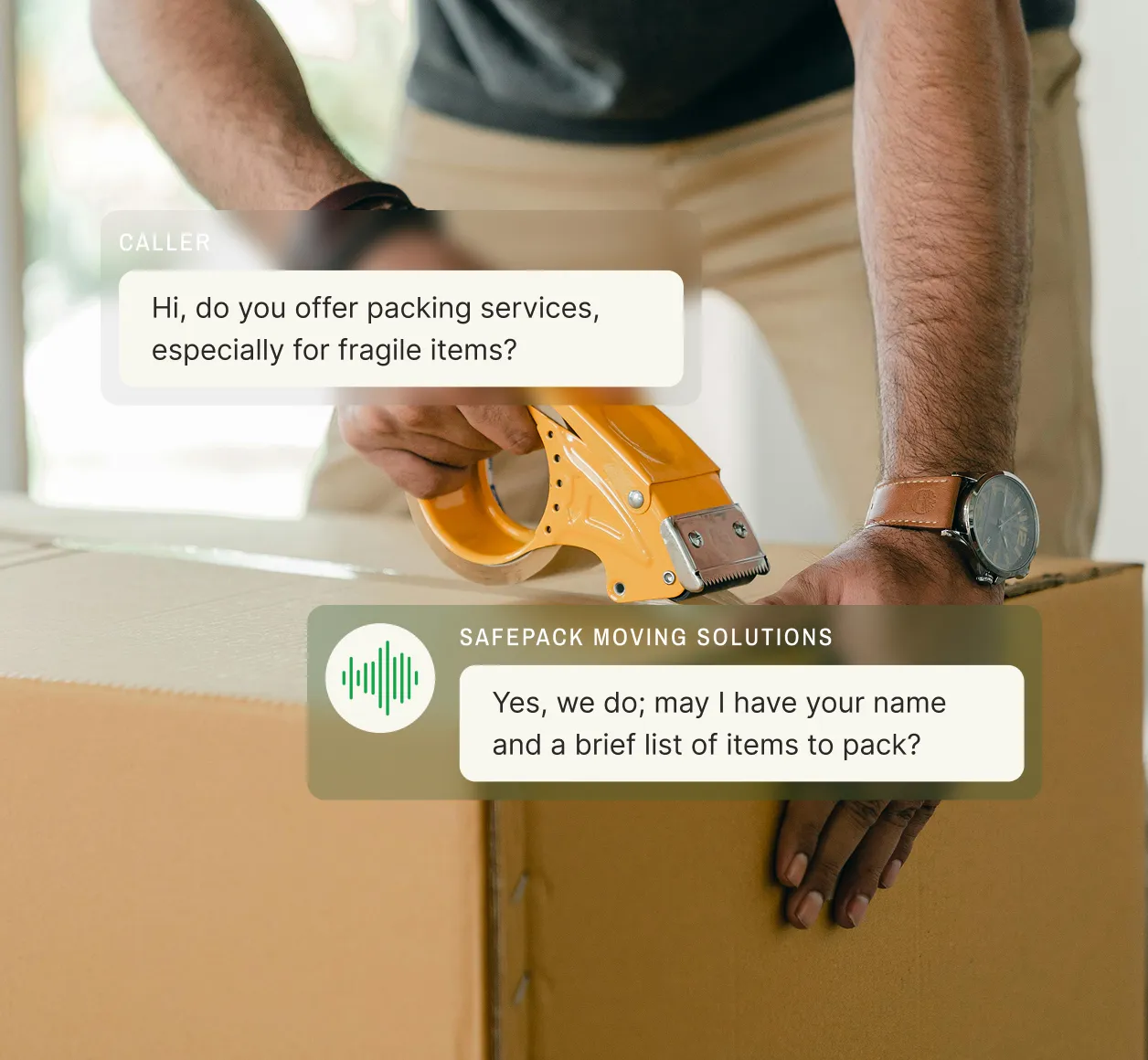 An answering service for movers responds to a customer inquiry about packing services for fragile items.