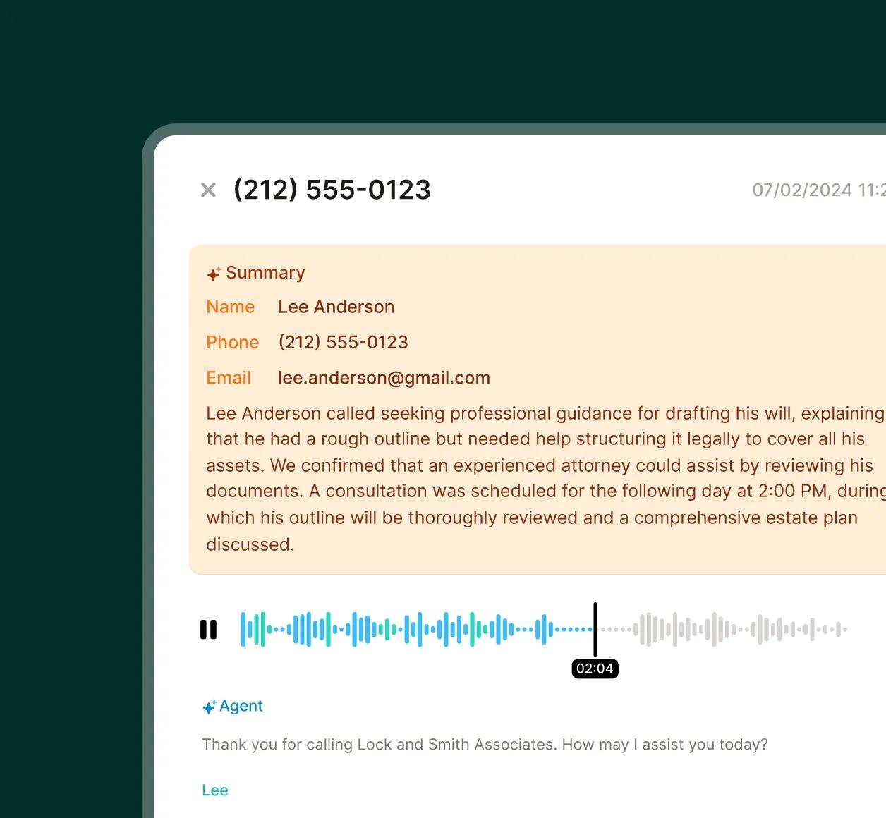 A call summary interface shows caller details, a recorded audio file, and a conversation log, demonstrating VoIP recording software for summarizing calls.