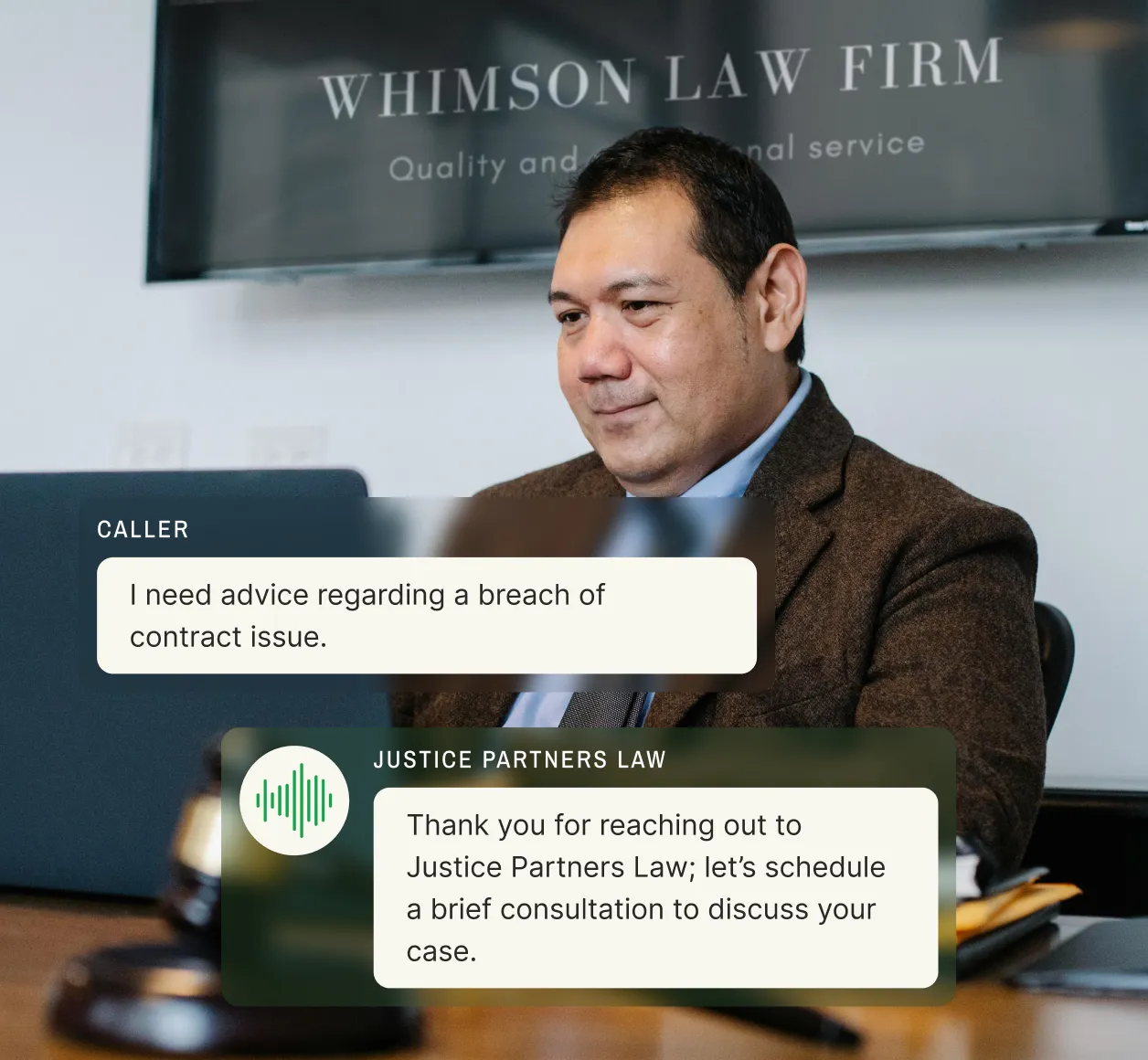 A temporary answering service responds to a caller seeking legal advice on a breach of contract and schedules a consultation.