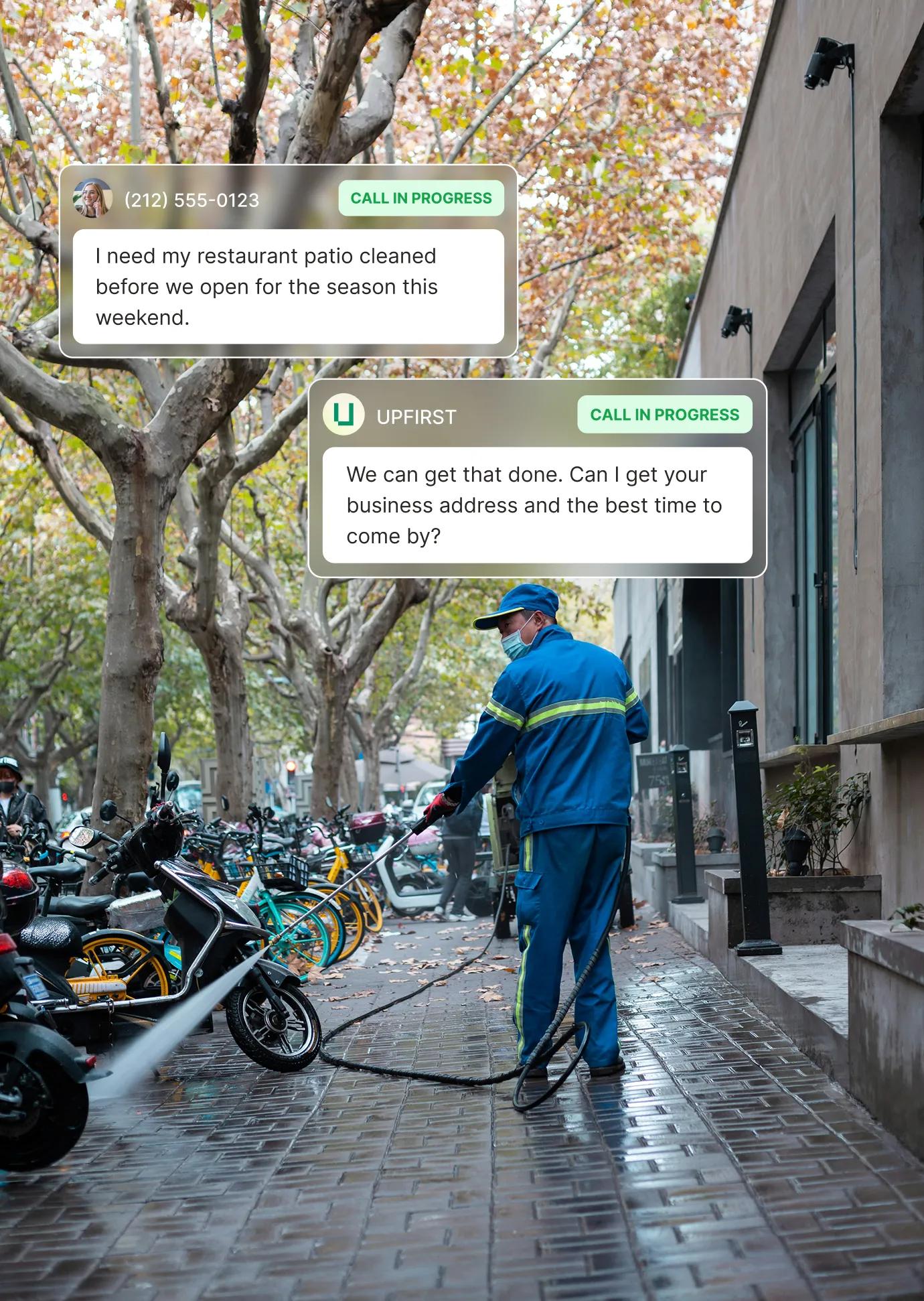 A pressure washing answering service handles a customer's call about cleaning a restaurant patio while the worker is on a job site.