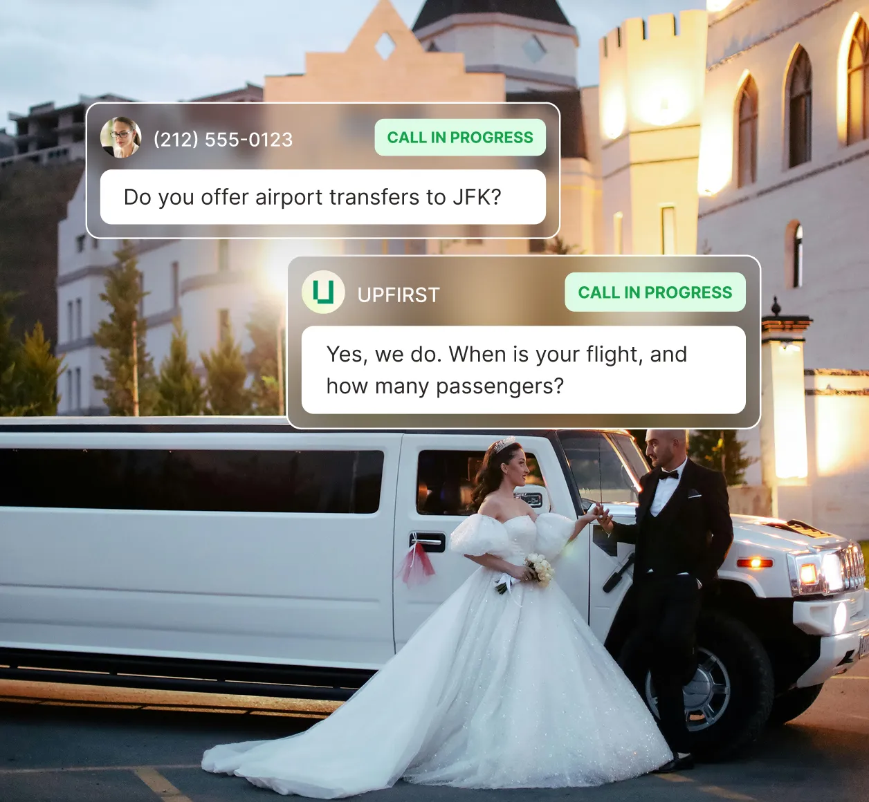 A bride and groom stand beside a long white limo while a caller asks about airport transfers and the limousine answering service requests flight details and passenger count.