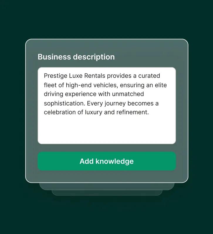 Car rental answering service dashboard showing a luxury car company’s business description being added.