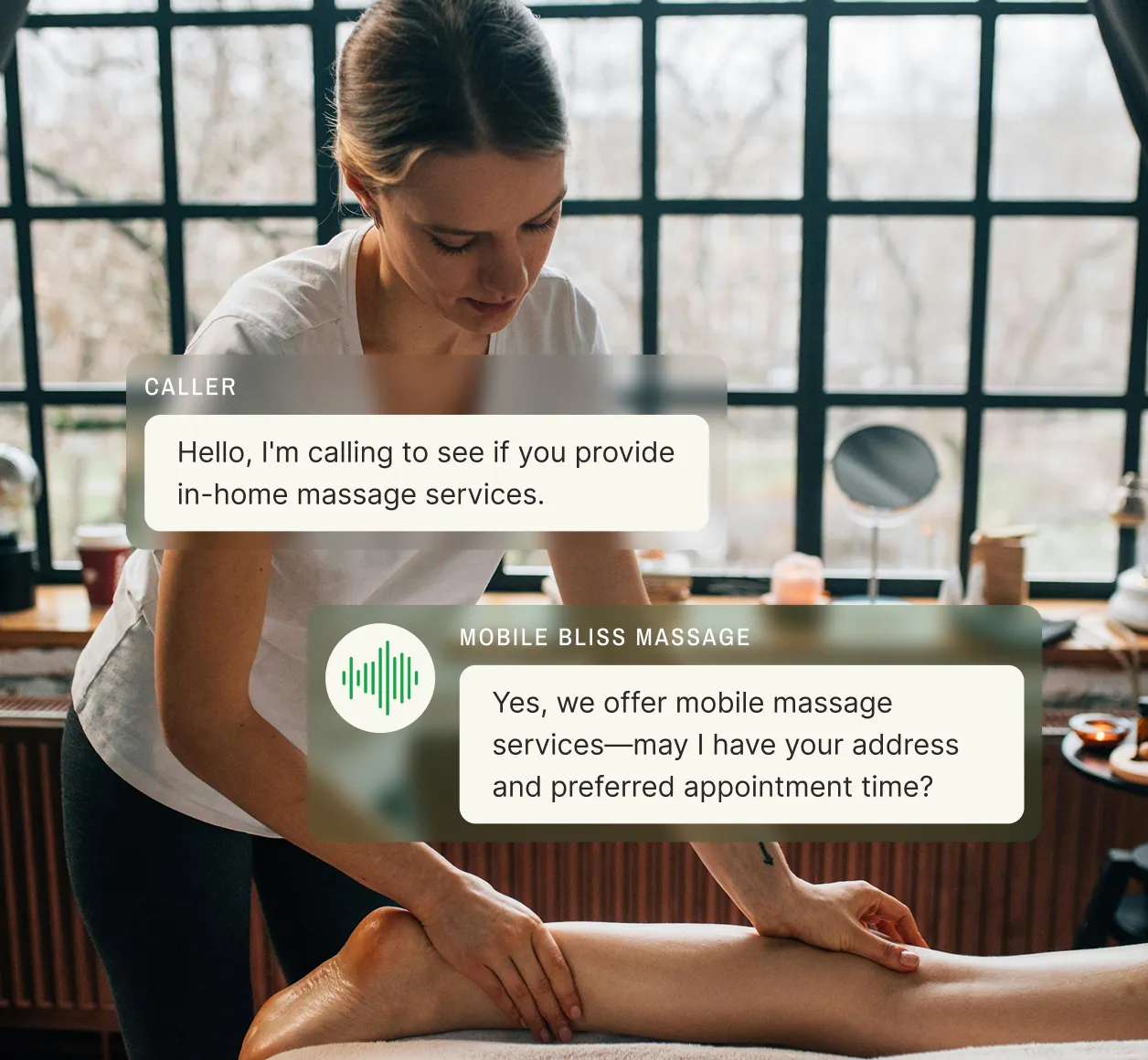 A caller asks if in-home massage is available, and the answering service for massage therapists requests an address and time.