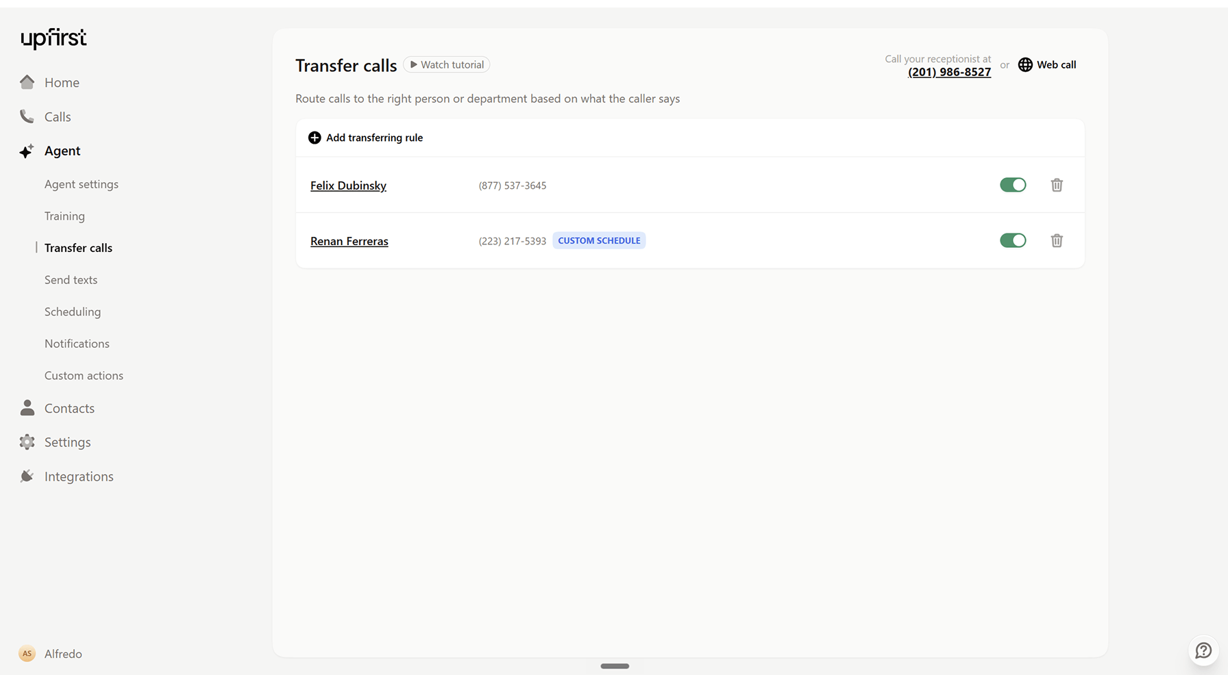 Navigating to Transfer calls in the Upfirst dashboard