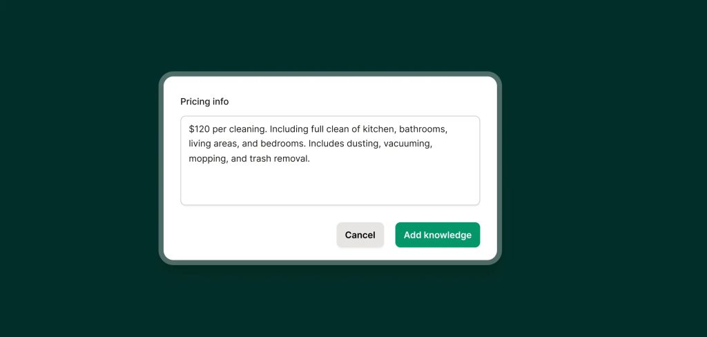 Upfirst AI receptionist setup screen showing how a real estate agent can add info about showing availability and buyer/seller services.
