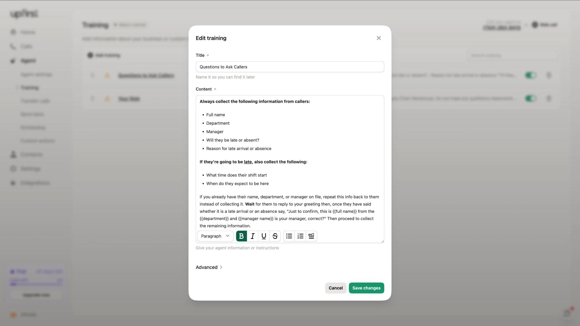 Upfirst's Edit training screen, with plain-English instructions telling the AI receptionist which details to collect from callers