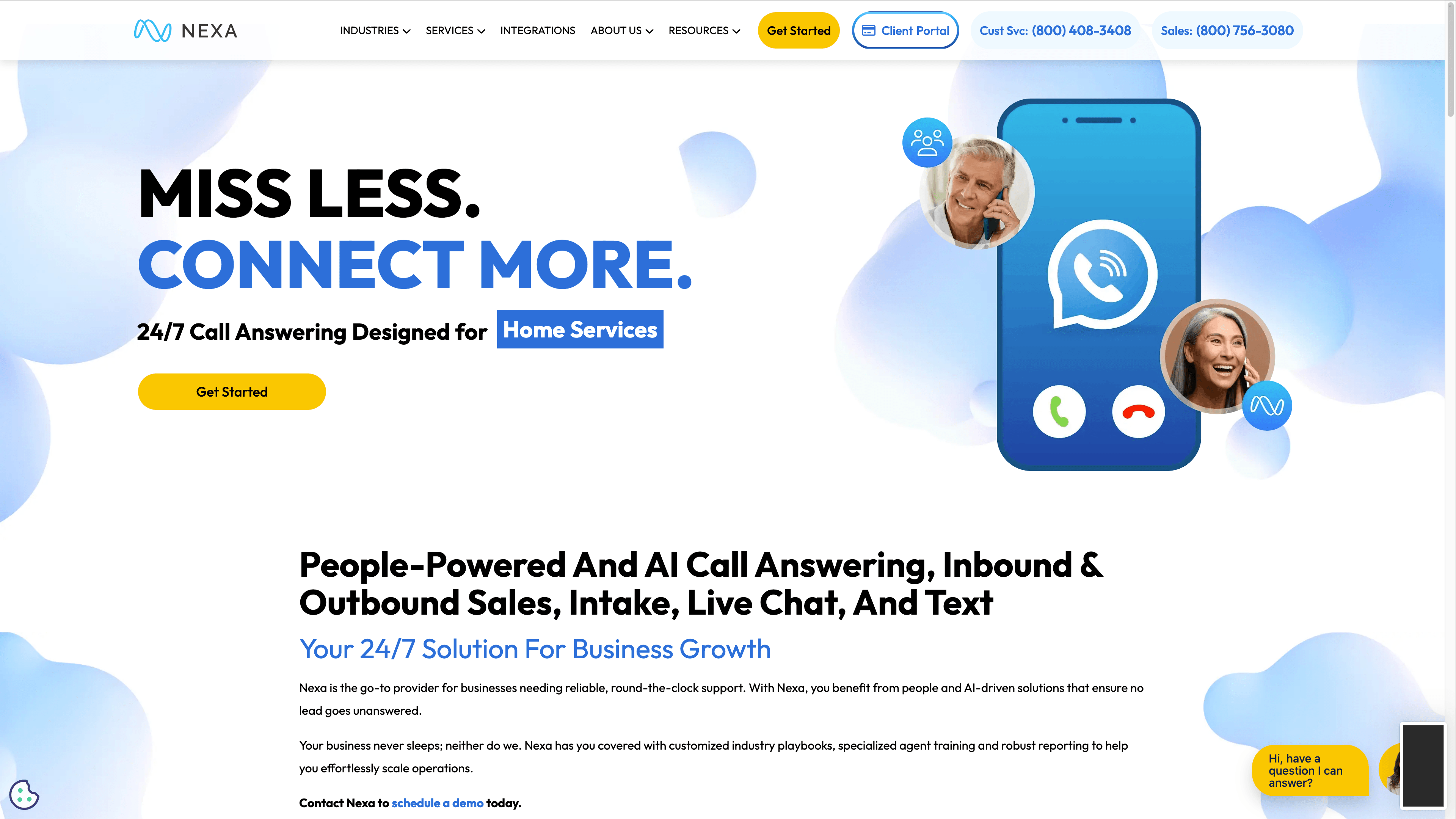 Nexa homepage offering people-powered and AI call answering, intake, live chat, and text