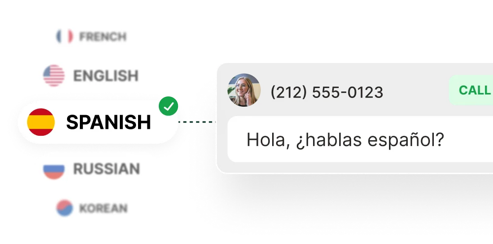 AI receptionist interface displaying language options including English, Spanish, French, Russian, and Chinese.