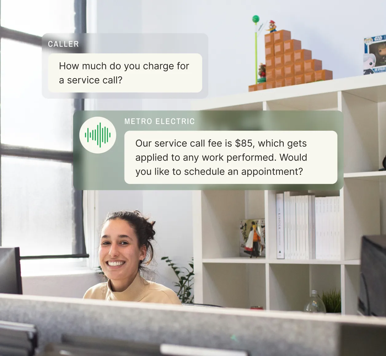 Electrician answering service representative smiling while handling customer service calls about electrical service fees