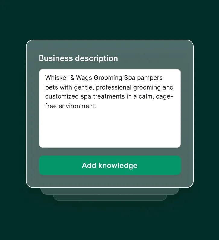 A business description is entered into the system to inform AI phone support responses.
