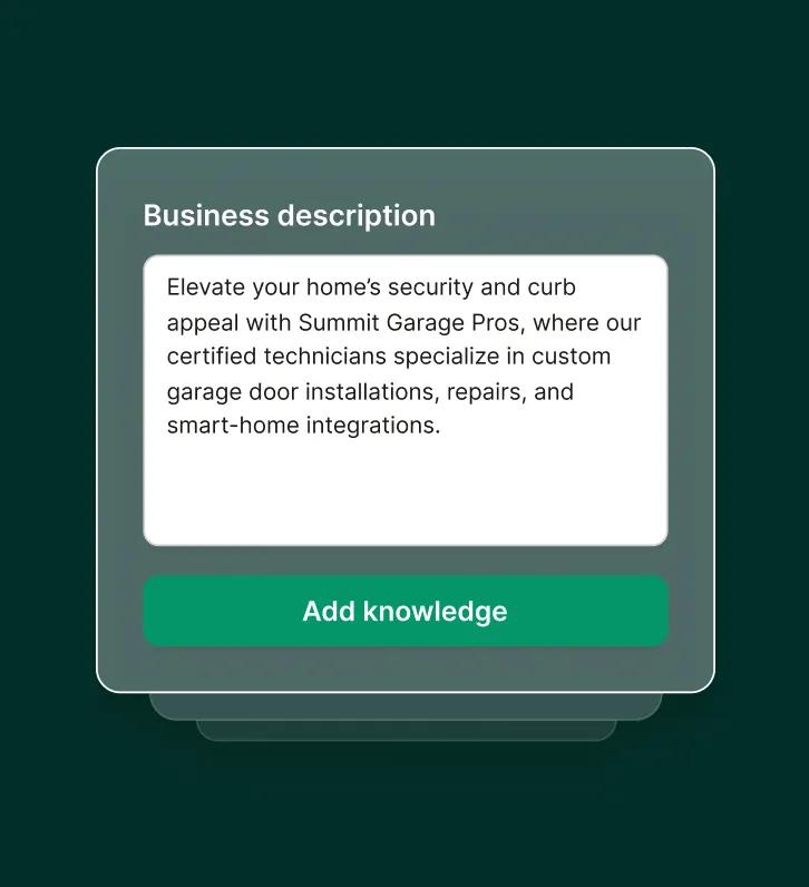 A form screenshot shows adding a business description for a garage door phone answering service highlighting custom installations, repairs, and smart-home integrations.