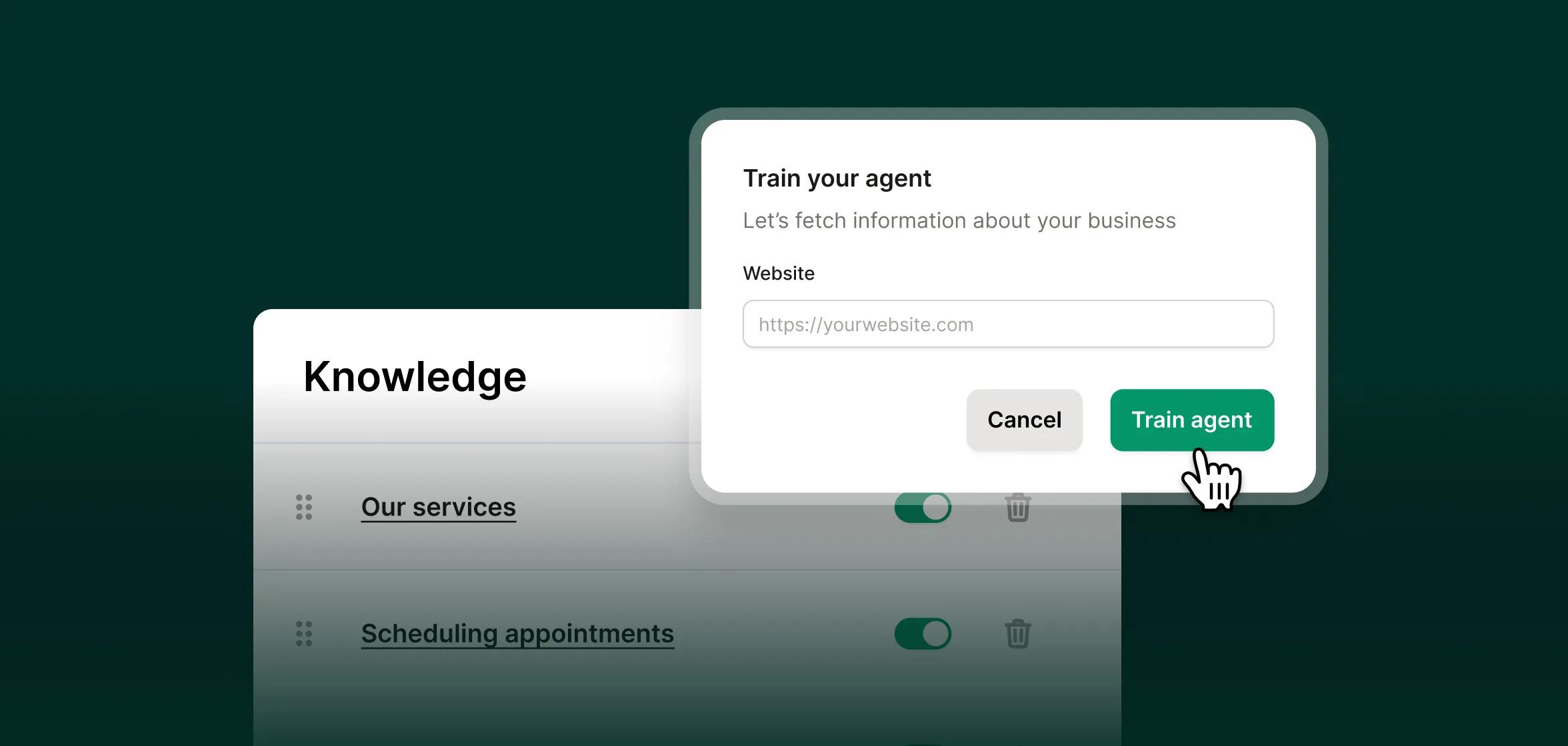 A dashboard screen shows a website being entered to train an appliance repair call answering service with business information.