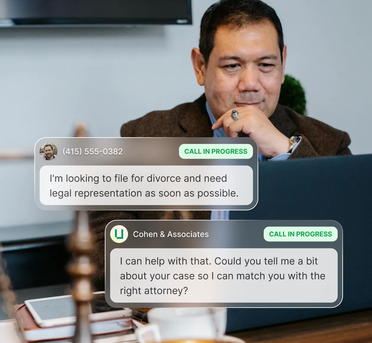 Automated answering service handling a call for an attorney by qualifying the lead through an intake script