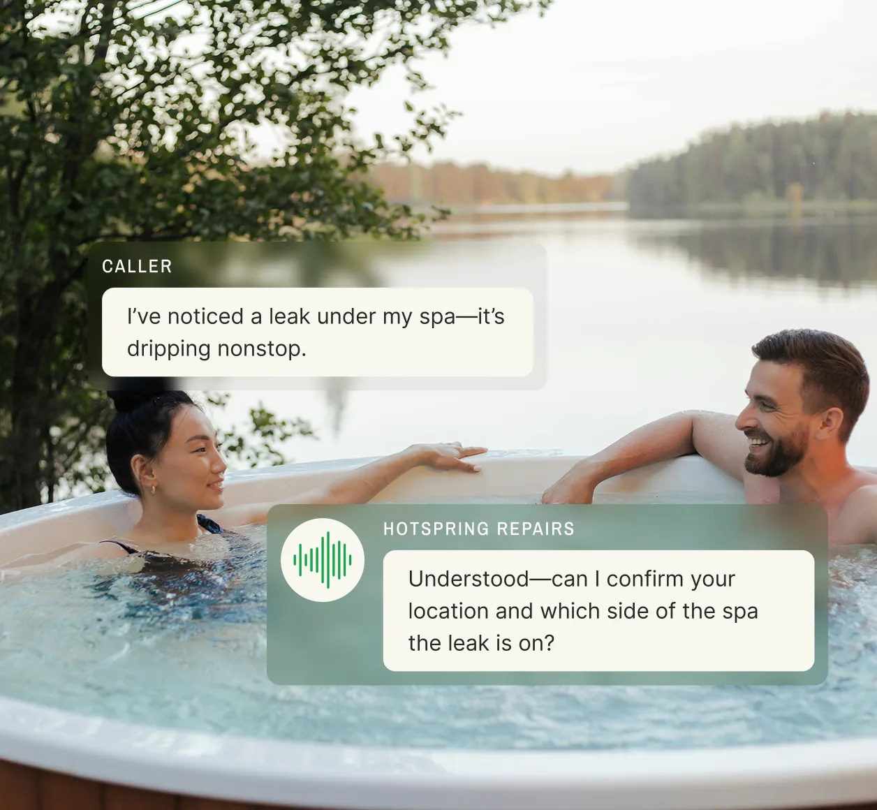 Caller reports a leak under their spa and the pool and hot tub answering service asks for their location and which side the leak is on.