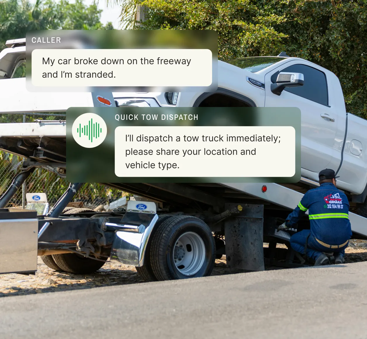 A tow truck operator loads a broken-down vehicle while a dispatch answering service communicates with a stranded driver, requesting their location and vehicle details.