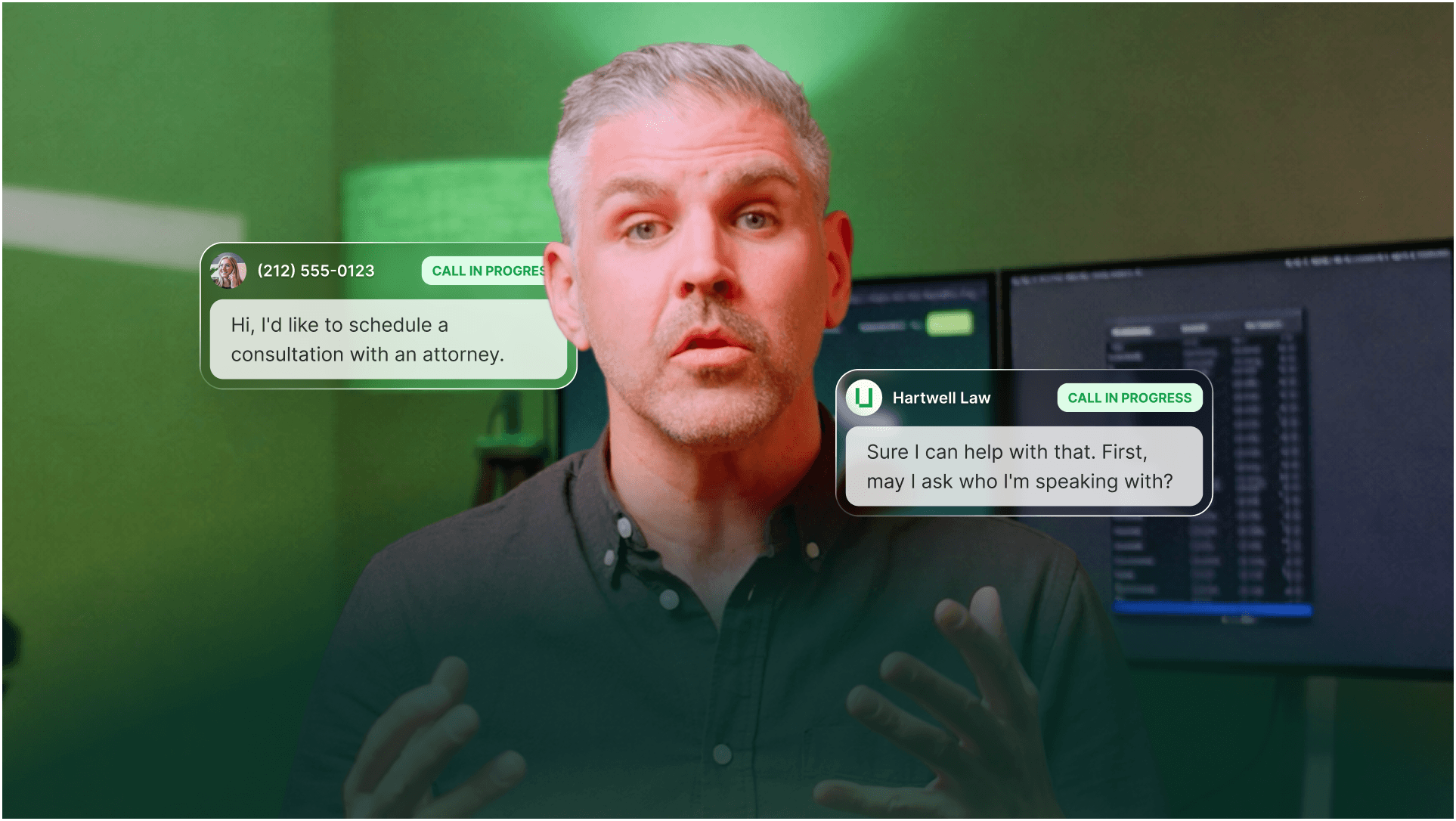 Thumbnail of Upfirst demo video showing an AI receptionist booking an appointment for Hartwell Law.