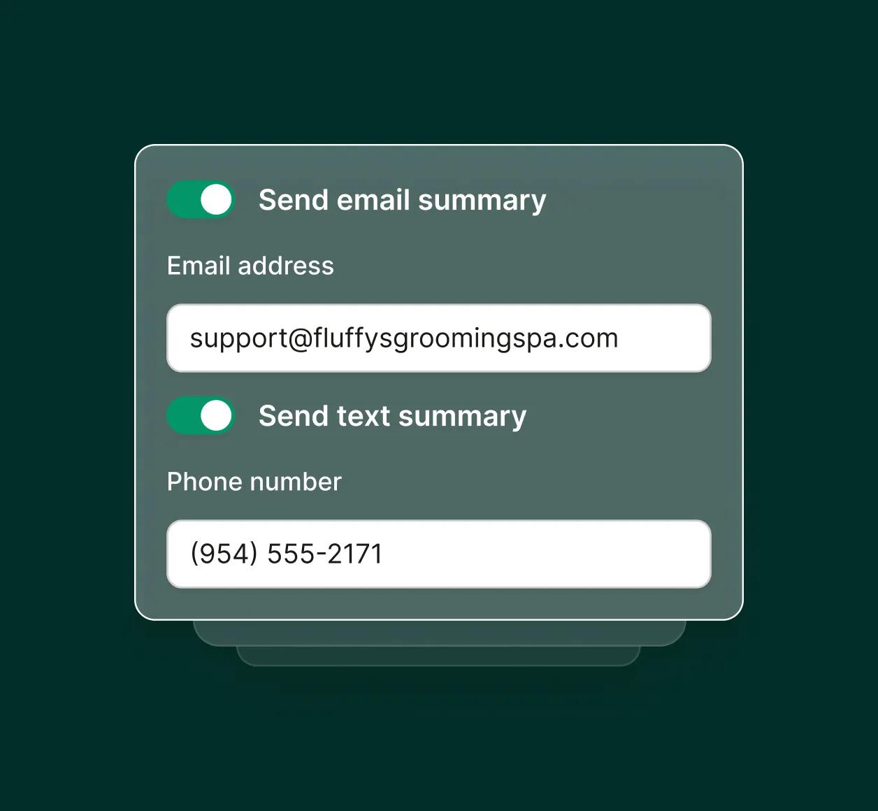 Notification settings for pet grooming phone answering service with email and SMS summary options.