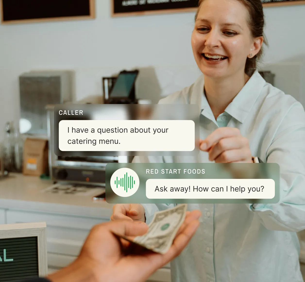 Photo with overlaid chat bubbles where a caller asks about a catering menu and the virtual assistant voicemail responds, “Ask away! How can I help you?”
